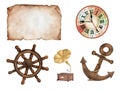 Vintage set. Old paper, clock, boat steering wheel, gramophone and anchor. Watercolor illustration