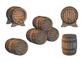 Vintage set of old wooden barrels for beer, wine, whisky, rum in different positions. Vector illustration