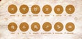 Vintage Set of round Zodiac signs, stars, Constellations golden color on old sheet of paper