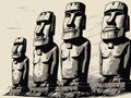 Easter Island Moai statues monochrome illustration ancient stone heads historic monument landscape Royalty Free Stock Photo