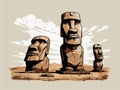 Easter Island Moai statues illustration, brown and beige tones, artistic print, cultural heritage Royalty Free Stock Photo