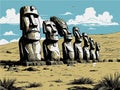 Vector illustration of Easter Island Moai statues, natural colors, landscape, historical representation Royalty Free Stock Photo