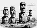 Monochrome Easter Island Moai statues illustration, black and white, historical representation Royalty Free Stock Photo