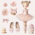 Vintage set of watercolor clipart baby girl ballerina, bellerina party