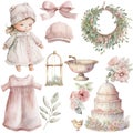 Vintage set of watercolor clipart baby girl, baby clothes, birthday cake