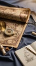 Vintage setting features an antique map and a brass compass on a dark blue fabric. Royalty Free Stock Photo