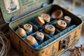 Vintage sewing kit with wooden spools and buttons in decorative tin box Royalty Free Stock Photo