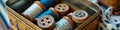 Vintage sewing kit with wooden spools and buttons in tin box Royalty Free Stock Photo