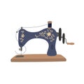 Vintage Sewing Machine With Blue Spool Thread. Equipment For Sew Vogue Clothes. Handmade