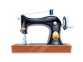 Vintage sewing machine with blue spool thread Royalty Free Stock Photo