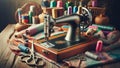 Vintage Sewing Machine With Colorful Threads and Fabrics Royalty Free Stock Photo