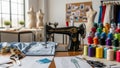Vintage Sewing Machine in Creative Tailoring Studio with Fabrics and Designs Royalty Free Stock Photo