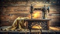A vintage sewing machine and fabric on rustic wooden table. Generative AI Royalty Free Stock Photo