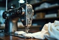 Vintage sewing machine with fabric in a workshop setting Royalty Free Stock Photo