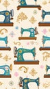 Vintage Sewing Machine Pattern on Cream Background Royalty Free Stock Photo