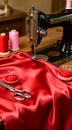 Vintage sewing machine with red fabric and sewing tools in a tailor's workshop Royalty Free Stock Photo