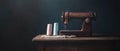 Sewing machine with spools of thread on a wooden table Royalty Free Stock Photo