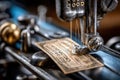 Vintage sewing machine stitching a delicate fabric with intricate details in a workshop setting Royalty Free Stock Photo
