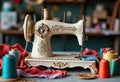 Vintage sewing machine surrounded by colorful spools of thread Royalty Free Stock Photo