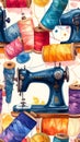 Vintage Sewing Machine and Thread Spools Pattern Royalty Free Stock Photo