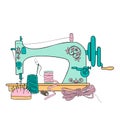 Vintage Sewing Machine vector illustration. Sewing threads silhouette ink pen. Hand drawn