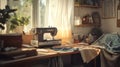 A vintage sewing machine on a wooden table with fabric Royalty Free Stock Photo