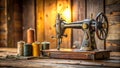 Vintage Sewing Machine on Wooden Table, Rustic, Antique, Craftsmanship, Sewing Royalty Free Stock Photo
