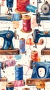 Vintage Sewing Machines and Colorful Thread Spools Pattern Royalty Free Stock Photo