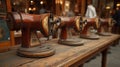 Vintage sewing machines lined up on a wooden table Royalty Free Stock Photo