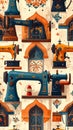 Vintage Sewing Machines Pattern with Architectural Accents Royalty Free Stock Photo