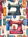 Vintage Sewing Machines and Thread Spools Pattern Royalty Free Stock Photo