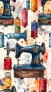 Vintage Sewing Machines and Thread Watercolor Pattern Royalty Free Stock Photo