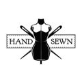 Vintage sewing mannequins. Female body dummy silhouette. Tailors mannequins. Hand sewn inscription. Vector.