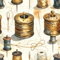Vintage Sewing Notions Watercolor Seamless Pattern Royalty Free Stock Photo