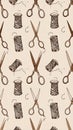 Vintage Sewing Pattern with Scissors and Thread Spools Royalty Free Stock Photo