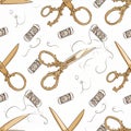 Vintage Sewing Pattern with Scissors and Thread Spools Royalty Free Stock Photo