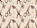 Vintage Sewing Pattern with Scissors and Thread Spools Royalty Free Stock Photo