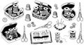Vintage sewing and tailoring tools collection including thread spools scissors thimbles needles and measuring tape Royalty Free Stock Photo