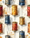 Vintage Sewing Thread Spools Watercolor Pattern Royalty Free Stock Photo