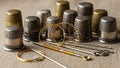 Vintage sewing tools and thimbles arranged Royalty Free Stock Photo