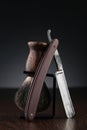 Vintage shaving equipment on wooden table