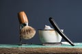 Vintage Shaving Equipment on wooden Table Royalty Free Stock Photo