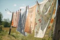 vintage sheet drying on the clothesline in sunny summer day