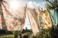 vintage sheet drying on the clothesline in sunny summer day Royalty Free Stock Photo