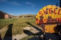 Vintage Shell gasoline sign and antique gas pump at ghost town of Bodie, California Royalty Free Stock Photo