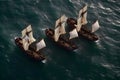 vintage ships at sea. Wooden sailboat sails in a storm at ocean. A mysterious boat in stormy waves. Neural network AI