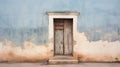 Vintage shop facade with worn blue and white paint, grimy windows and closed shutters