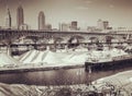 A vintage shot of Cleveland, Ohio over the Cuyahoga River Royalty Free Stock Photo