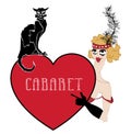 Vintage showgirl dancer with heart and black cat. Cabaret style, hand drawn illustration