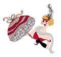 Vintage showgirl dancer with umbrella. Cabaret style, hand drawn illustration